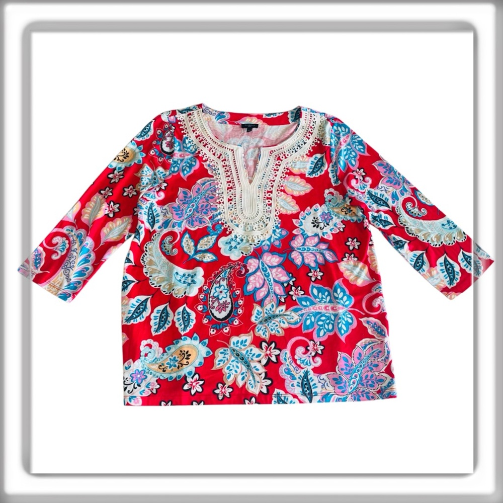 Talbots Paisley Cotton Modal Tunic Top Shirt Split Scoop Neck Size Large Petite
